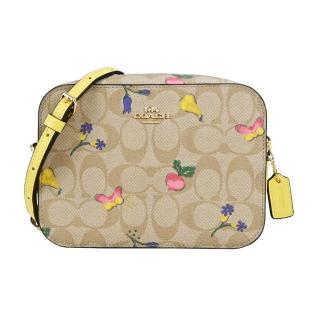 【COACH】立體馬車花卉蔬果印花方型相機斜揹包(卡其黃)