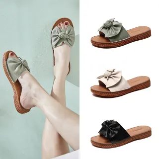 【Alberta】2.5cm拖鞋 優雅氣質蝴蝶結 皮革平底圓頭涼拖鞋