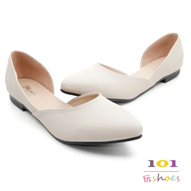 【101 玩Shoes】mit.大尺碼讓腳踝更性感的氣質側空尖頭平底鞋(黑/粉灰.41-44碼)