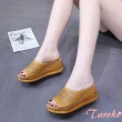 【Taroko】熟女魚嘴純色簍空透氣坡跟拖鞋(3色可選)