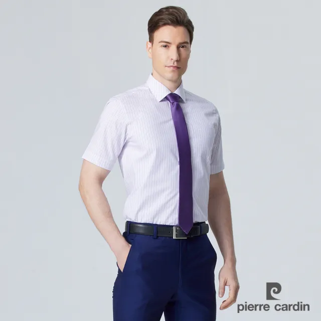 【pierre cardin 皮爾卡登】男襯衫 棉混紡抗皺合身版減齡輕熟條紋短袖襯衫_白底粉紫條(92251-21)