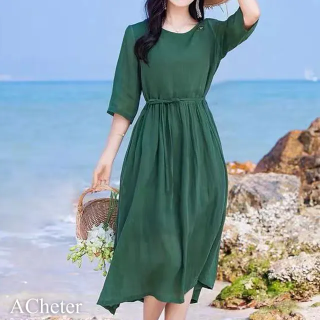 【ACheter】高端原創氣質寬鬆綠色棉麻七分袖洋裝#112520現貨+預購(綠色)