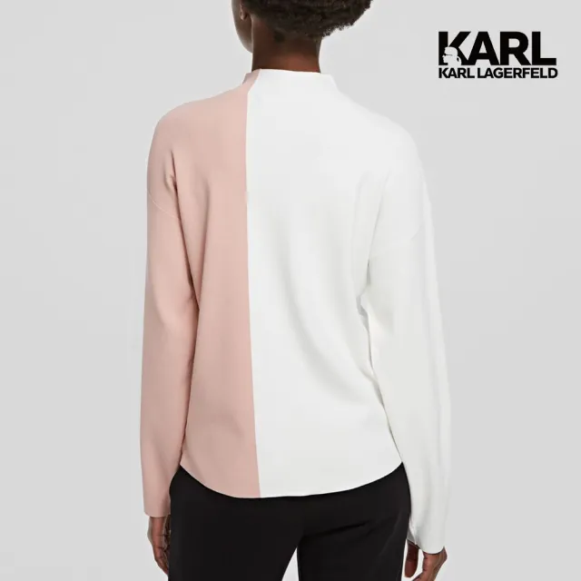 【KARL LAGERFELD 卡爾】澎袖KARL毛衣-粉(簡約品牌Logo/輕質針織/經典雙色設計)
