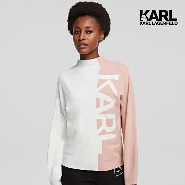 【KARL LAGERFELD 卡爾】澎袖KARL毛衣-粉(簡約品牌Logo/輕質針織/經典雙色設計)