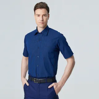 【pierre cardin 皮爾卡登】男襯衫 純棉柔軟親膚商務休閒條紋短袖襯衫_黑藍條(52218-39)