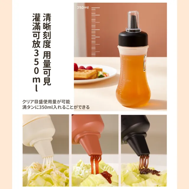 【餐廚用品】日式帶蓋5孔刻度擠壓醬料瓶-350ml(調味瓶 油醋 料理瓶 分裝瓶 醬汁罐 沙拉佐醬 鬆餅 雞蛋糕)