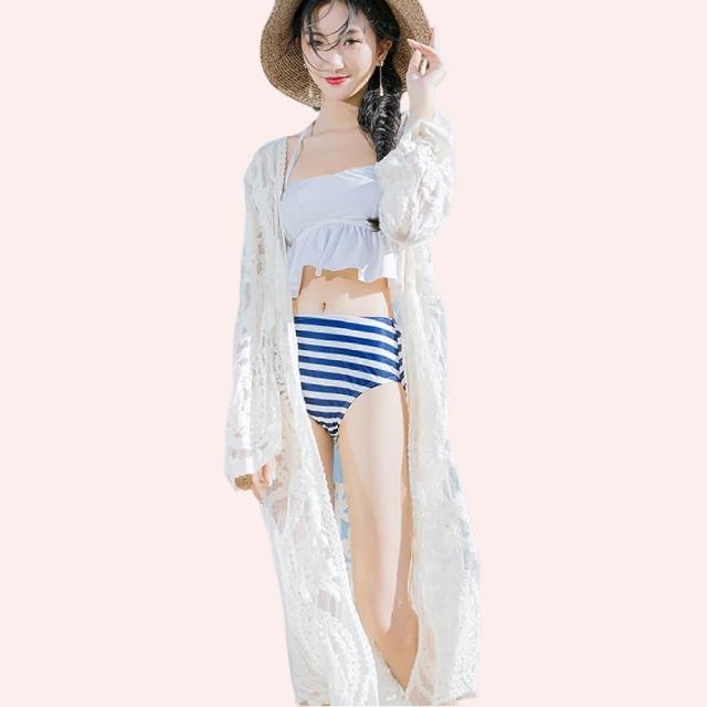 【TING BRA 婷姐內衣】長袖蕾絲透視長版開衫防曬外罩罩衫(外罩 罩衫 泳衣罩衫)