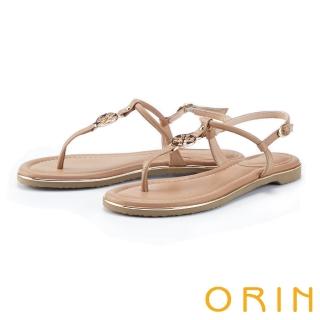 【ORIN】造型圓飾真皮鑲金平底夾腳涼鞋(淺棕)