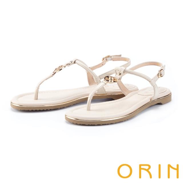 【ORIN】造型圓飾真皮鑲金平底夾腳涼鞋(米色)