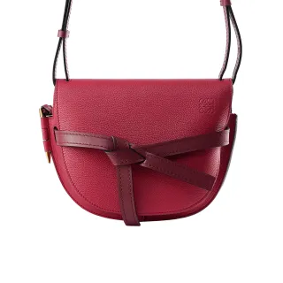 【LOEWE 羅威】Gate SMALL BAG 撞色滑面牛皮翻蓋斜背馬鞍包(質感莓果紅)