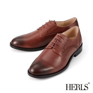 【HERLS】男鞋系列-全真皮鞋翼沖孔基本休閒德比鞋 面試通勤(紅棕色)