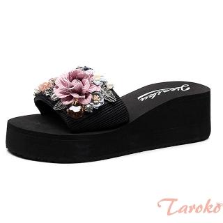 【Taroko】寶石牡丹夏季厚底坡跟一字腳拖鞋(2色可選)