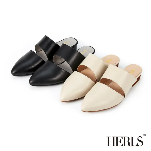 【HERLS】穆勒鞋-全真皮橫帶鏤空尖頭穆勒鞋拖鞋(米白色)