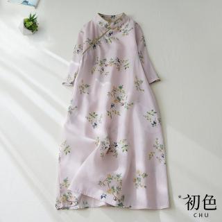 【初色】涼爽透氣復古改良旗袍棉麻風印花連身裙洋裝-粉色-61863(M-2XL可選)