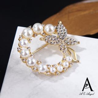 【ANGEL】珍珠圈圈蝴蝶水鑽胸針別針兩用款(金色)