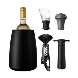 【VACU VIN】保冷冰桶+開酒注酒抽真空組 黑  / 開酒器 開瓶器 瓶塞 酒塞 保鮮瓶塞 鋁箔刀 冰酒桶