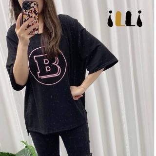 【illi】韓國製造 刺繡字母不收邊領口短袖T恤 圓領棉質上衣 Made in Korea