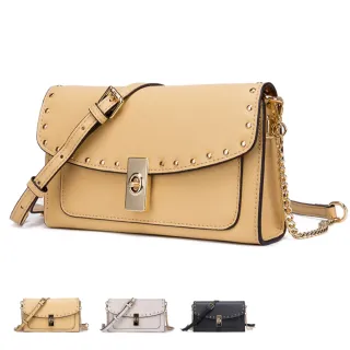 【MAISY】真皮 真牛皮鉚釘信封單肩包(真皮包包 現+預  白色／黑色／黃色)