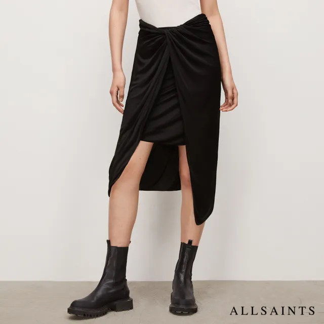 【ALLSAINTS】ARA SAMI 舒適扭結不對稱中長裙-黑 WS021V(貼身版型)