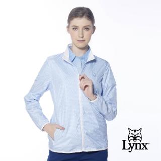 【Lynx Golf】女款滿版高爾夫球LYNX字樣印花隱形拉鍊口袋長袖外套(淺藍色)