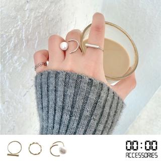【00:00】月亮戒指 珍珠戒指/韓國設計法式復古月亮珍珠時尚個性戒指3件套組(2色任選)