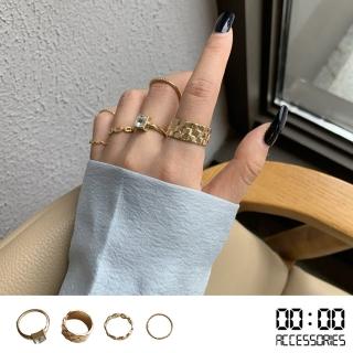 【00:00】方晶戒指 寶石戒指/韓國設計潮流個性方晶寶石幾何線條食指戒6件戒指套組(2色任選)