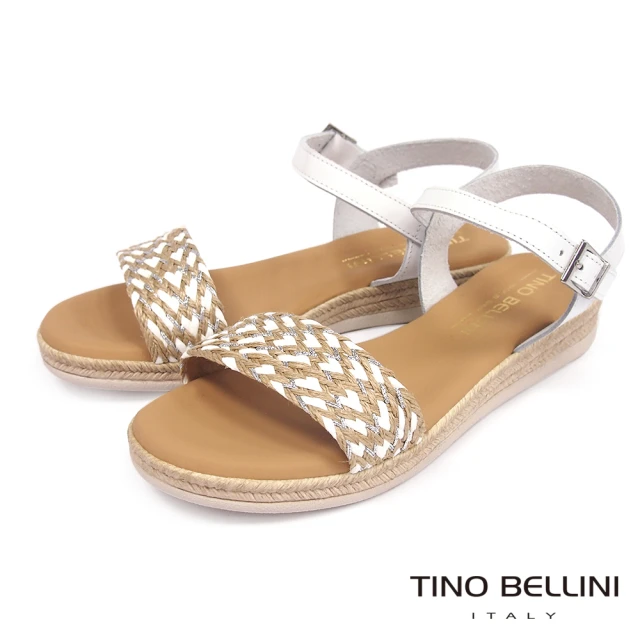 TINO BELLINI 貝里尼 西班牙進口草編牛皮繫踝厚底涼鞋FSNT0003(白)