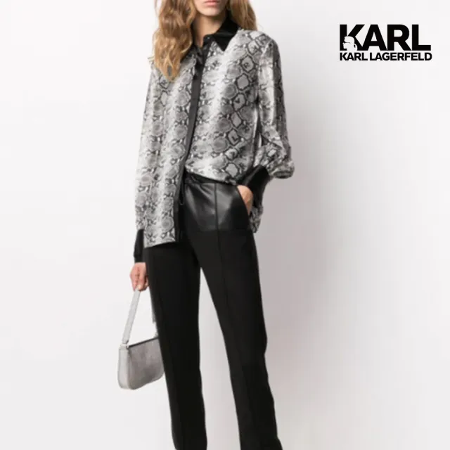 【KARL LAGERFELD 卡爾】刺繡蛇紋絲質襯衫(黑白絲綢/刺繡蛇紋風/系扣領/絲質襯衫)