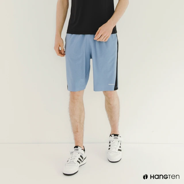 【Hang Ten】男裝-恆溫多功能-3M吸濕排汗涼感鋁片撞色網布針織短褲(花紗藍)