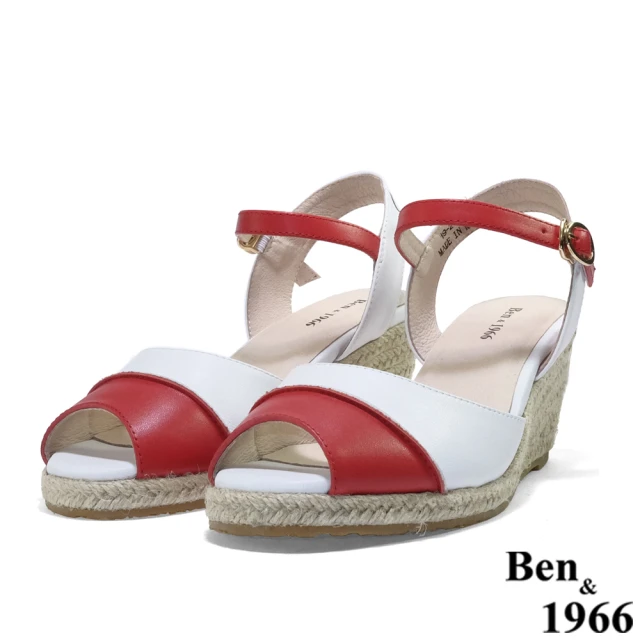 【Ben&1966】高級頭層牛皮草編撞色楔型涼鞋-白