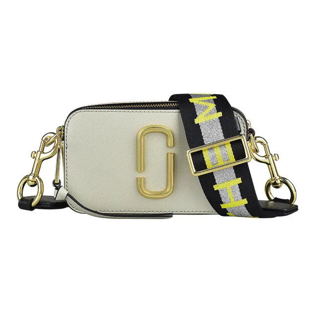 【MARC JACOBS】MARC JACOBS Snapshot金字LOGO防刮牛皮拼色雙層拉鍊斜背相機包(塵灰x米x粉色)