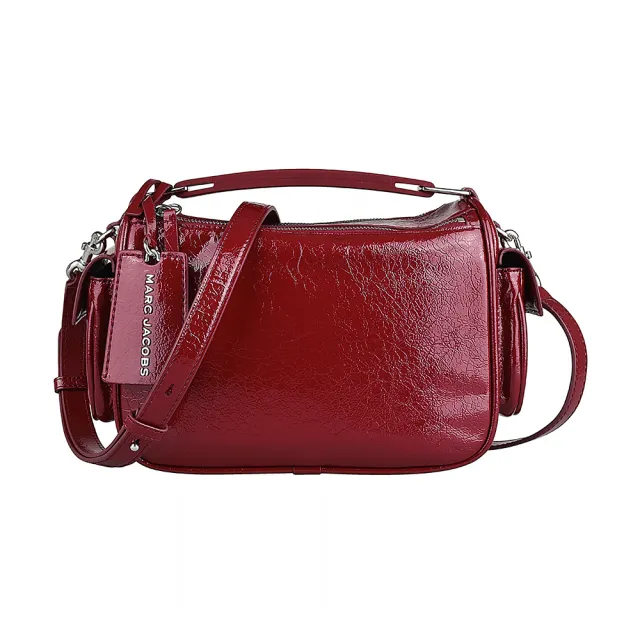 【MARC JACOBS】MARC JACOBS The Softbox 23 銀字LOGO亮面牛皮拉鍊手提斜背包(暗紅)