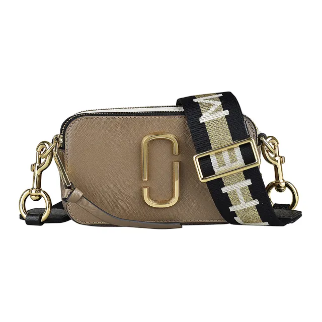 【MARC JACOBS】MARC JACOBS Snapshot金字LOGO防刮牛皮拼色雙層拉鍊斜背相機包(法國灰x褐x白)