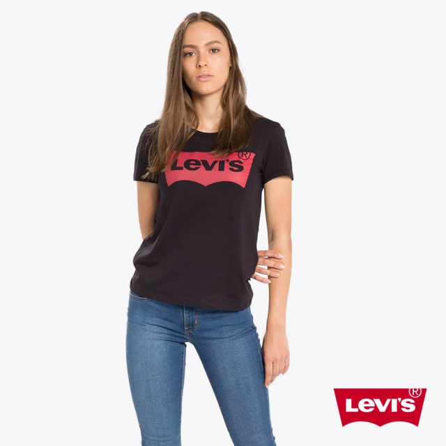 【LEVIS 官方旗艦】女款 重磅短袖T恤/修身版型/經典Logo/210GSM厚棉 黑 人氣新品 A2806-0000