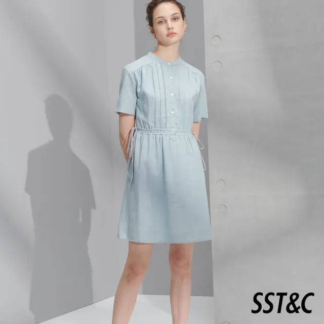 【SST&C】女裝 粉彩藍抽繩仿麻感短袖休閒洋裝8562205004(雙11精選)