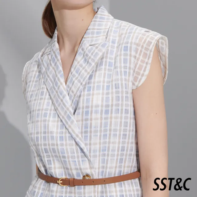 【SST&C】女裝 淺卡其格紋西裝領開襟長洋裝8562205001(雙11精選)