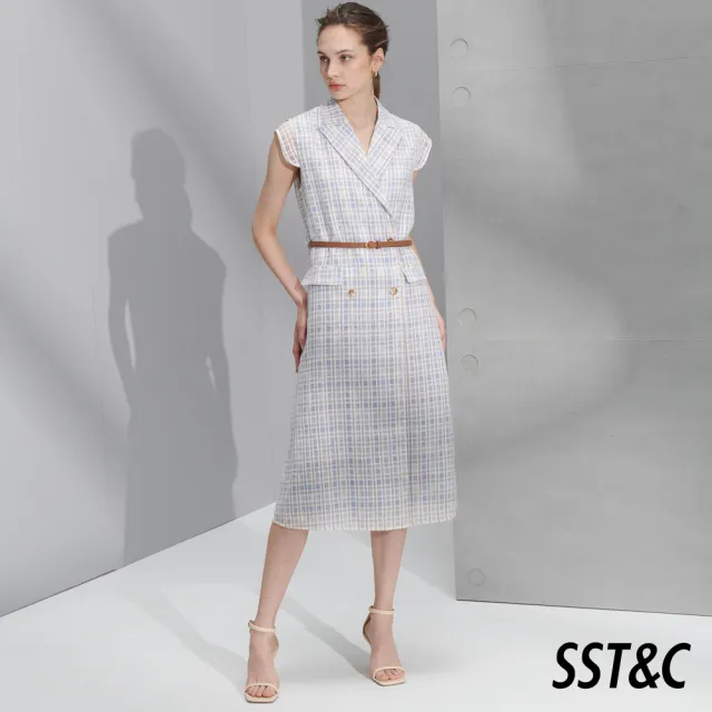 【SST&C】女裝 淺卡其格紋西裝領開襟長洋裝8562205001(限時3折)