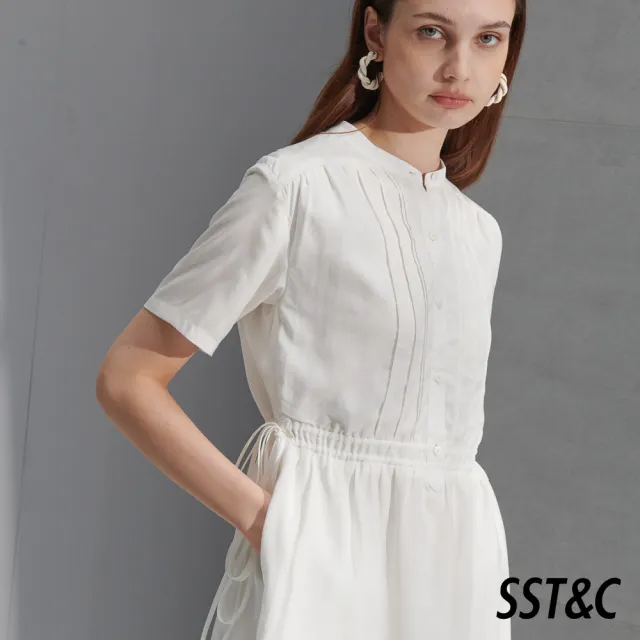 【SST&C 最後55折】白色抽繩仿麻感短袖休閒洋裝8562205003