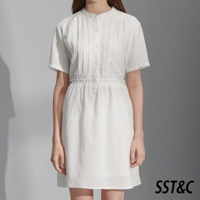 【SST&C 最後55折】白色抽繩仿麻感短袖休閒洋裝8562205003