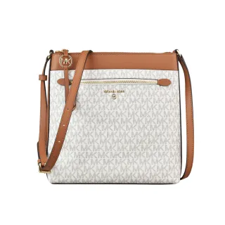 【Michael Kors】JET SET印花PVC皮革鑲飾薄型斜背包(米x咖啡)