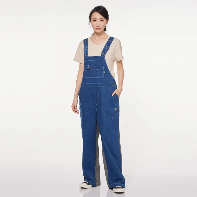 【JEEP】女裝  休閒寬版拼接造型吊帶褲(藍色)