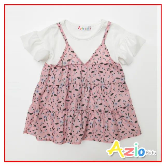 【Azio Kids 美國派】女童  洋裝  滿版花草印花接片假兩件造型短袖洋裝(粉)