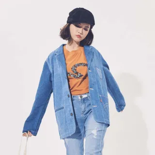 【5th STREET】中性 牛仔外套 西裝外套 丹寧 牛仔 修身 外套 中藍(510599)