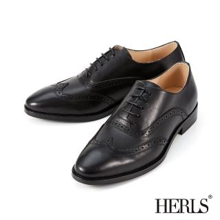 【HERLS】男鞋系列-全真皮翼紋沖孔鞍部牛津鞋 面試通勤(黑色)
