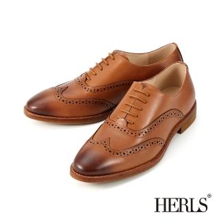 【HERLS】男鞋系列-全真皮翼紋沖孔鞍部牛津鞋 面試通勤(駝色)