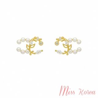 【MISS KOREA】韓國設計S925銀針閃耀鋯石浪漫珍珠花葉造型耳環(S925銀針耳環 花葉耳環 珍珠耳環)