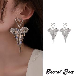 【SECRET BOX】韓國設計S925銀針華麗閃耀愛心天使翅膀美鑽流蘇造型耳環(S925銀針耳環 美鑽耳環 流蘇耳環)