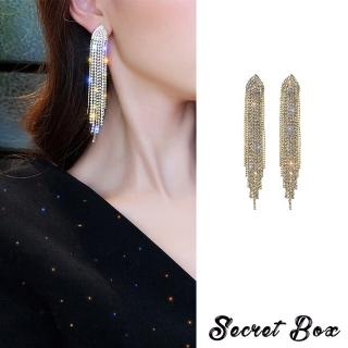 【SECRET BOX】S925銀針耳環 流蘇耳環/韓國設計S925銀針華麗滿鑽三角珠鍊流蘇造型耳環(2色任選)