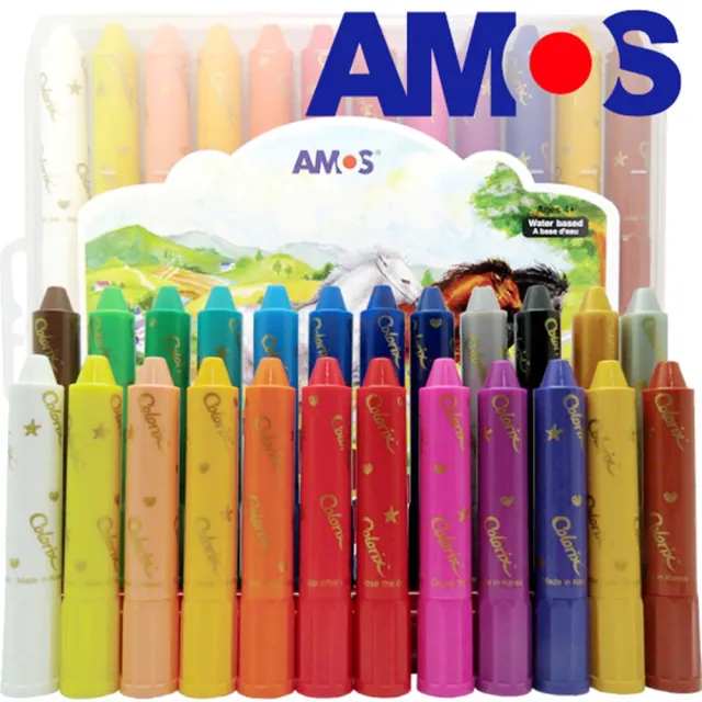 【AMOS 阿摩司】韓國原裝 粗款24色無毐可水洗蠟筆(旋轉蠟筆)