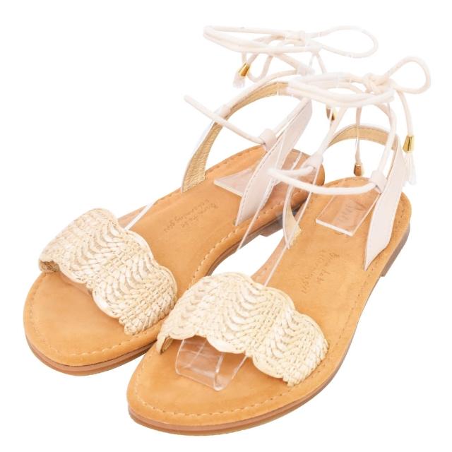 【Ann’S】水洗牛皮-亞麻藤編度假綁帶圓頭平底涼拖鞋(杏)